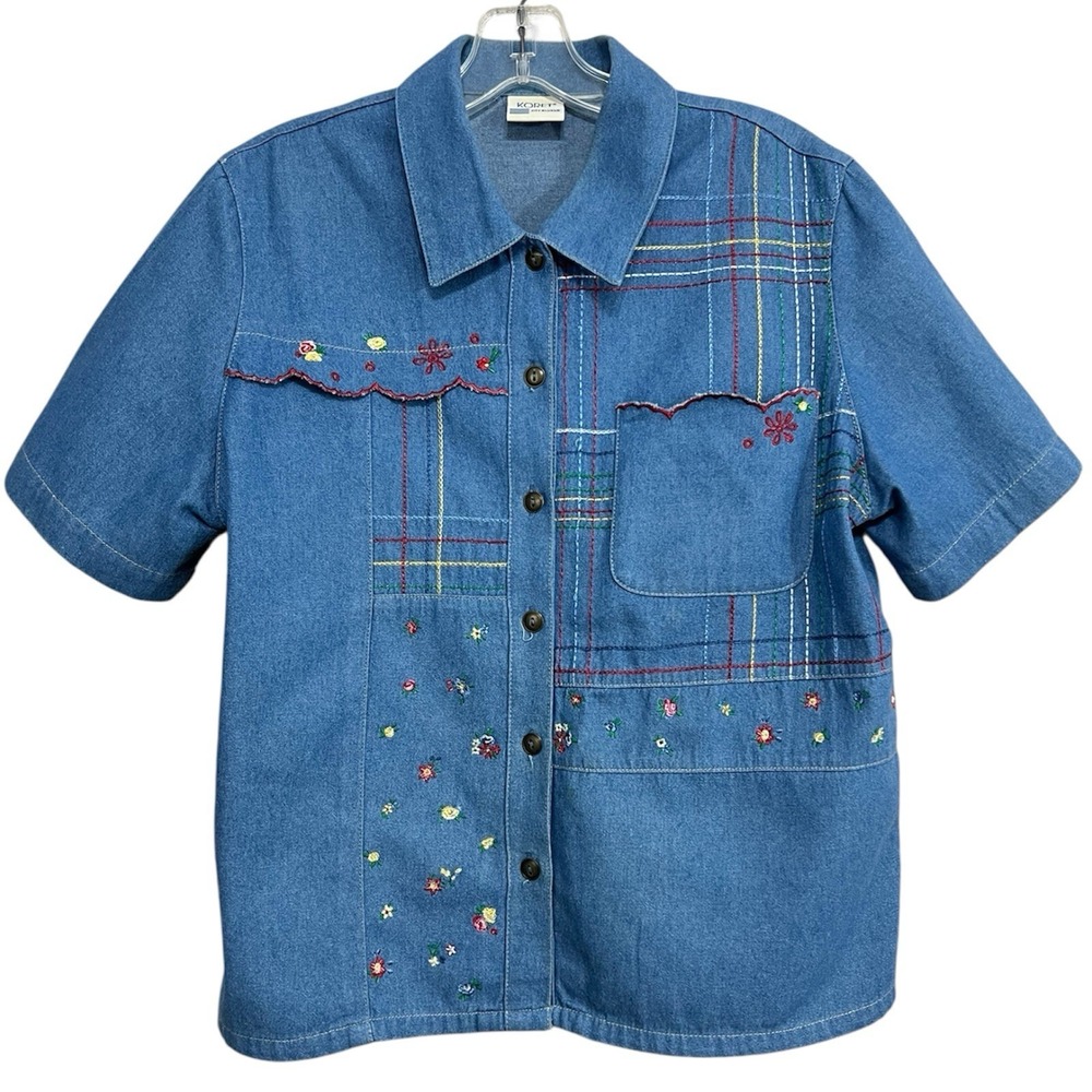 Vtg Cottagecore Denim Button Up Top Sz L Floral Embroidery Americana 90s Prairie